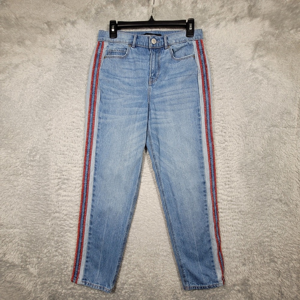 Express Womens Mom Jeans Denim Blue‎ Red White Stripe Size 4 Relaxed Fit 29x27